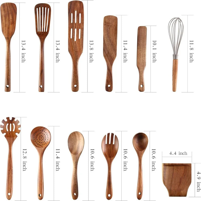 12-Piece Teak Wooden Kitchen Utensil Set- Non-stick & Eco-Friendly