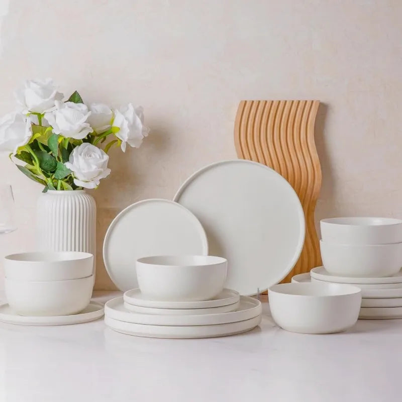 Modern Ceramic Dinnerware Sets: Flat Stoneware Plates and Bowls