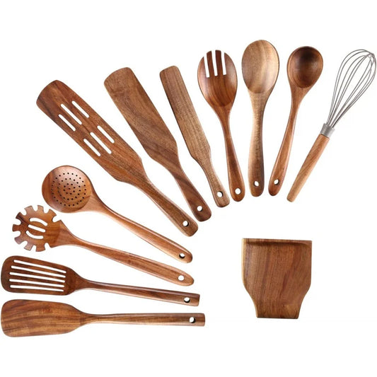 12-Piece Teak Wooden Kitchen Utensil Set- Non-stick & Eco-Friendly