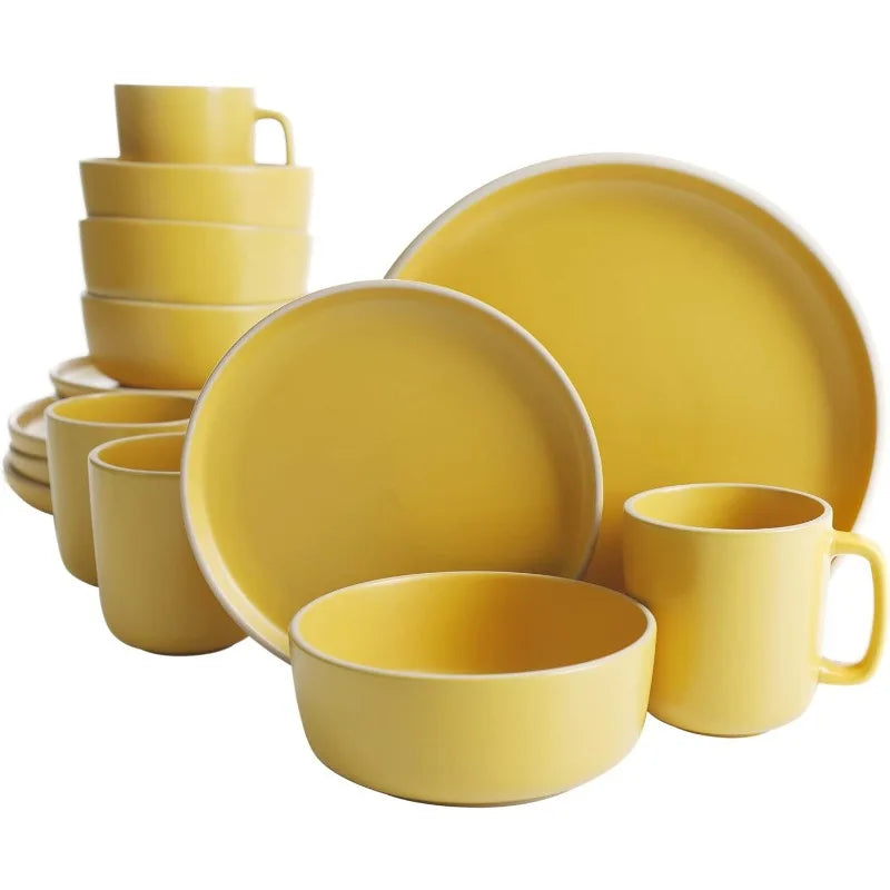 16-Piece Zuma Matte Stoneware Dinnerware Set - Green Round Plates, Bowls, Mugs for 4