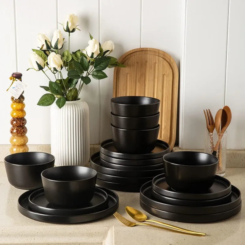 Modern Ceramic Dinnerware Sets: Flat Stoneware Plates and Bowls