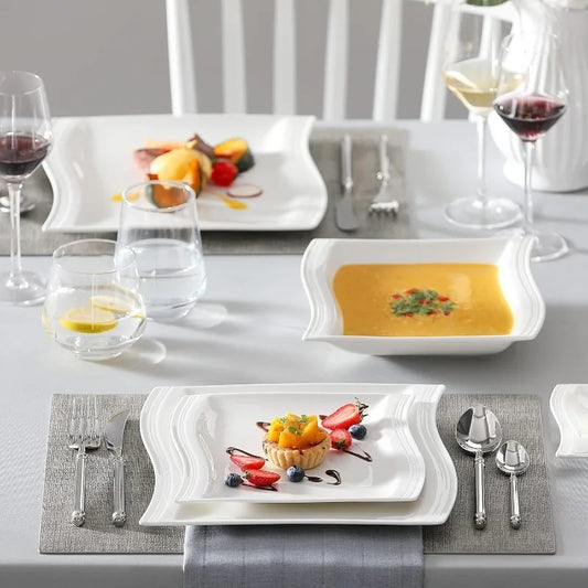 Square Porcelain Dinnerware Set with Plates, Bowls, Cups, Saucers