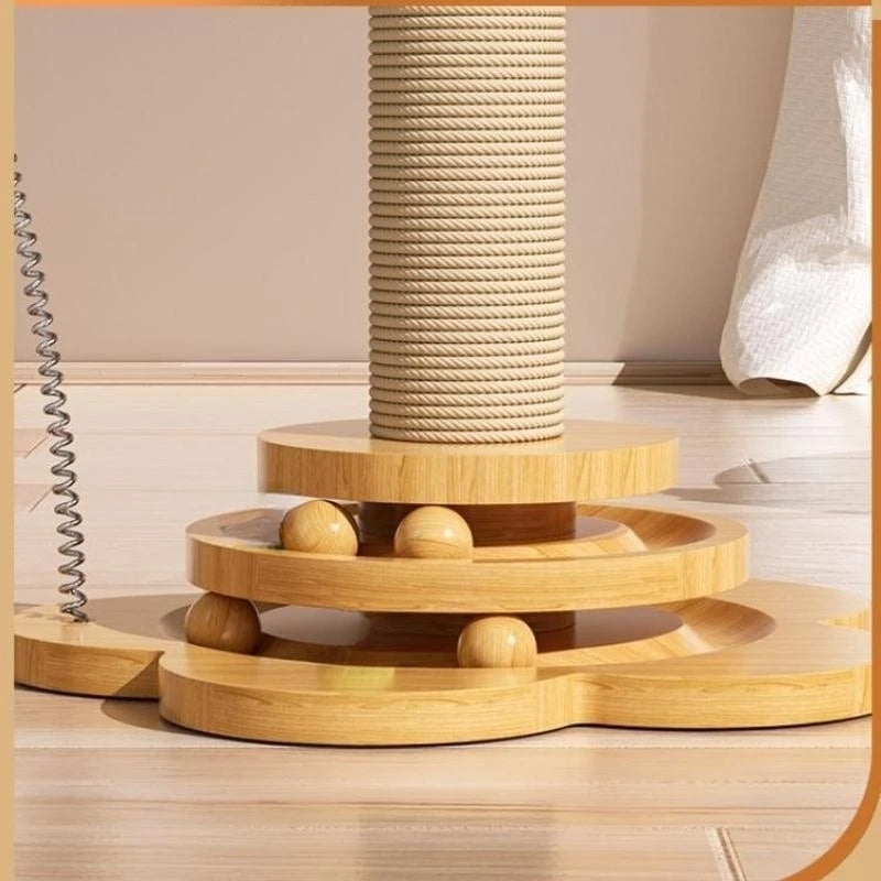 Solid Wood Cat Turntable Toy with Balls & Scratching Board