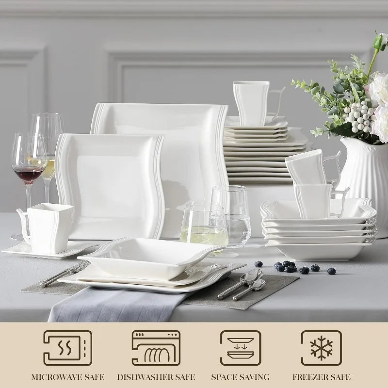 Square Porcelain Dinnerware Set with Plates, Bowls, Cups, Saucers