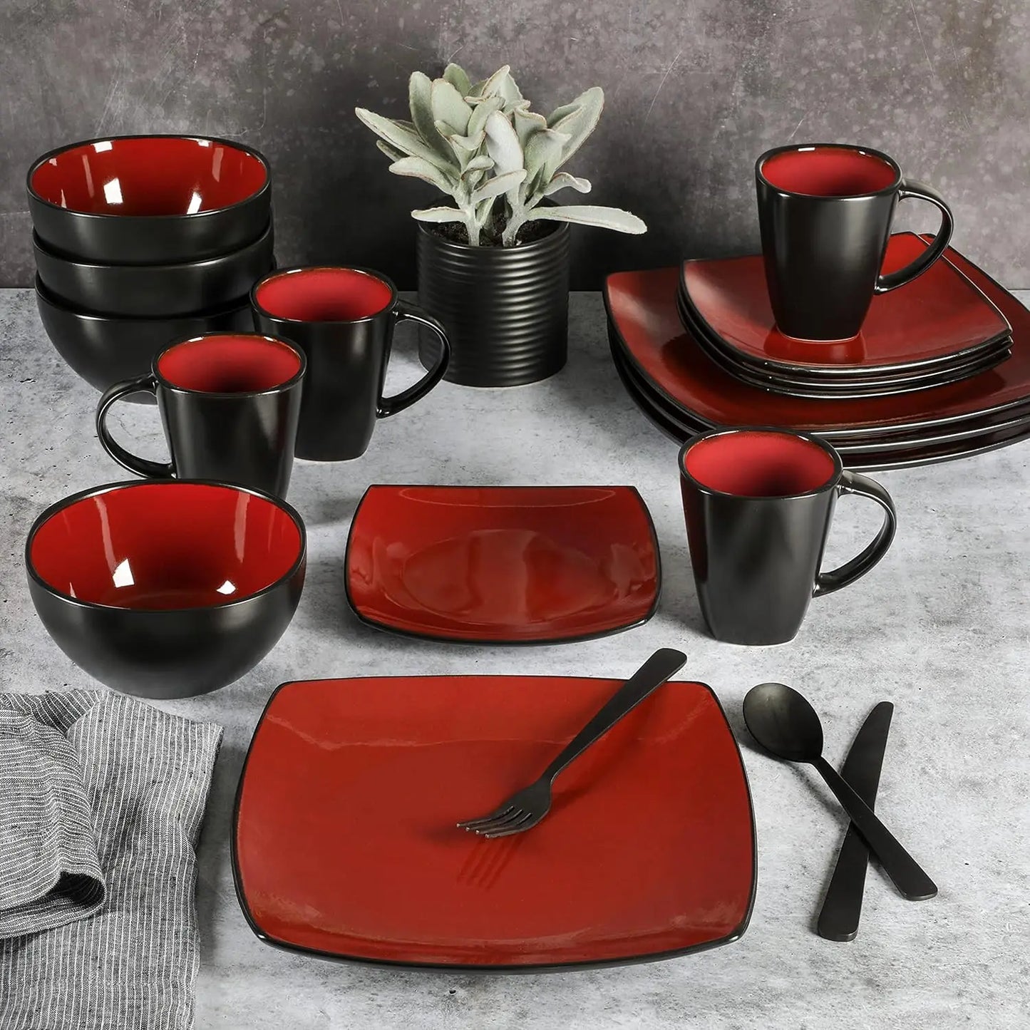 Soho Lounge 16-Piece Square Dinnerware Set in Red - Reactive Glaze Plates, Service for 4