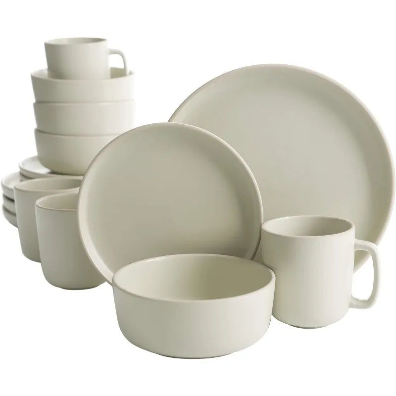 16-Piece Zuma Matte Stoneware Dinnerware Set - Green Round Plates, Bowls, Mugs for 4