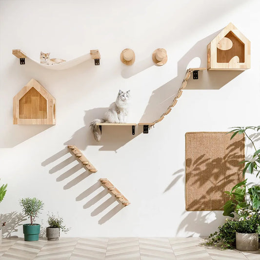 Wall-Mounted Cat Climbing Shelf with Sisal Post & Four-Step Stairway