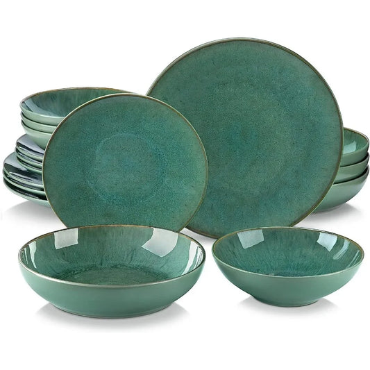 16-Piece Green Round Dinnerware Set - Microwave and Dishwasher Safe Plates and Bowls