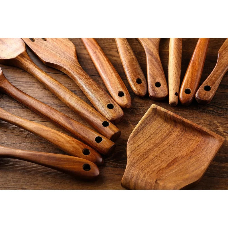 12-Piece Teak Wooden Kitchen Utensil Set- Non-stick & Eco-Friendly