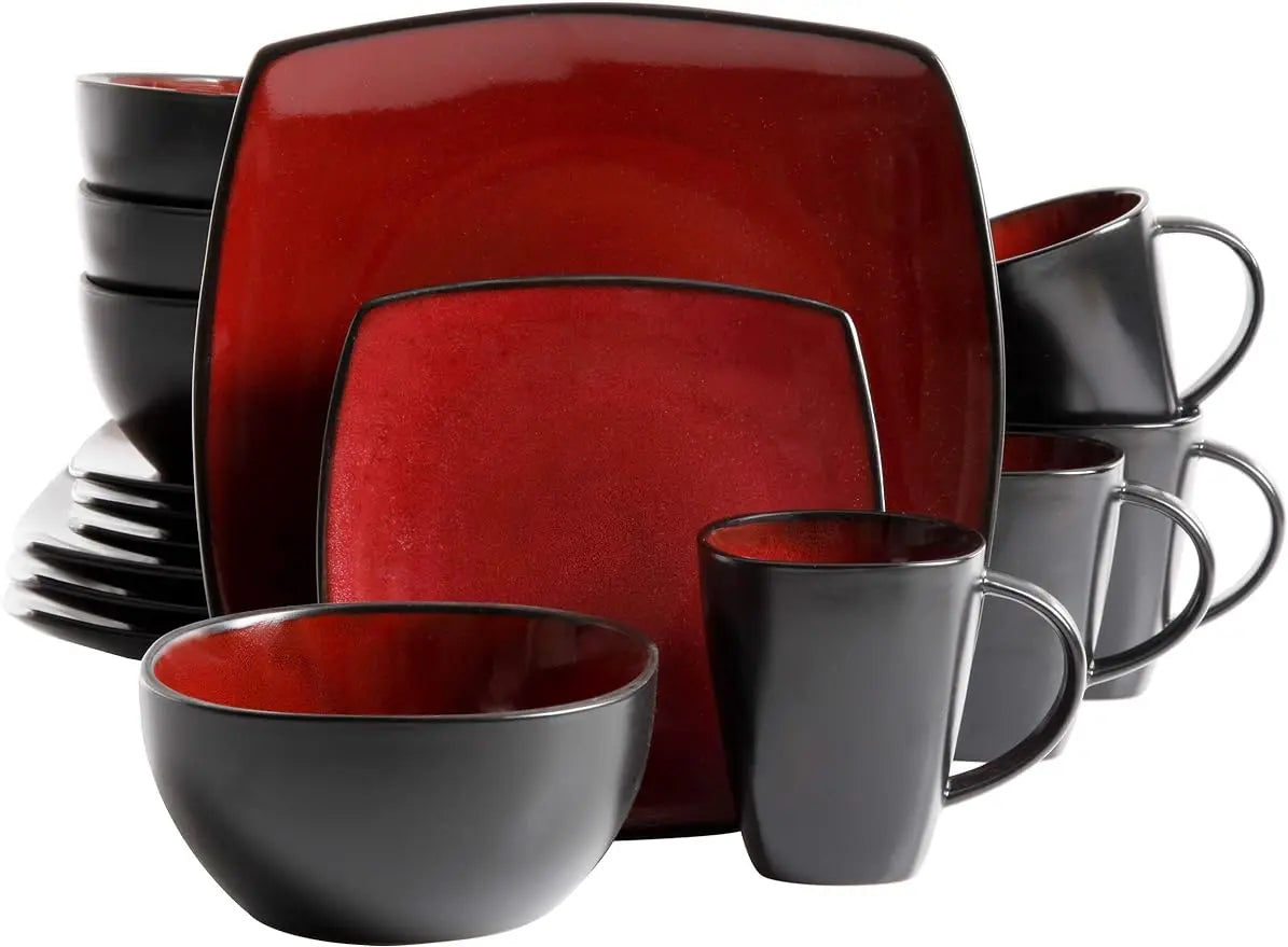 Soho Lounge 16-Piece Square Dinnerware Set in Red - Reactive Glaze Plates, Service for 4