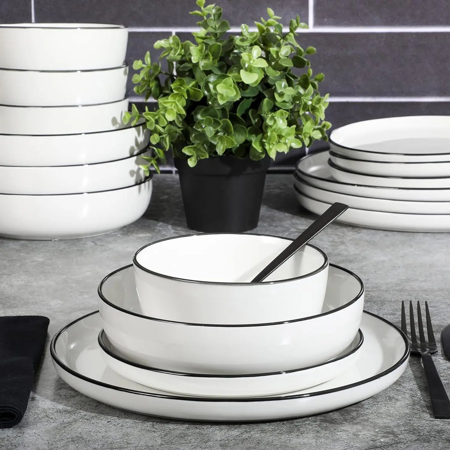 Oslo 16-Piece Porcelain Dinnerware Set, White w/ Black Rim - Service for 4