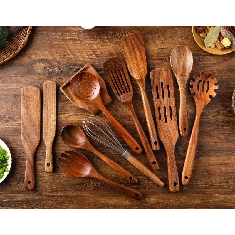 12-Piece Teak Wooden Kitchen Utensil Set- Non-stick & Eco-Friendly