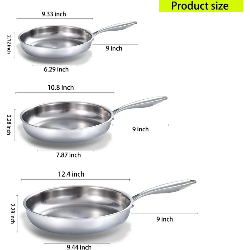 Tri-Ply Stainless Steel Frying Pan Set 8"/10"/12" - Kitchen Essentials