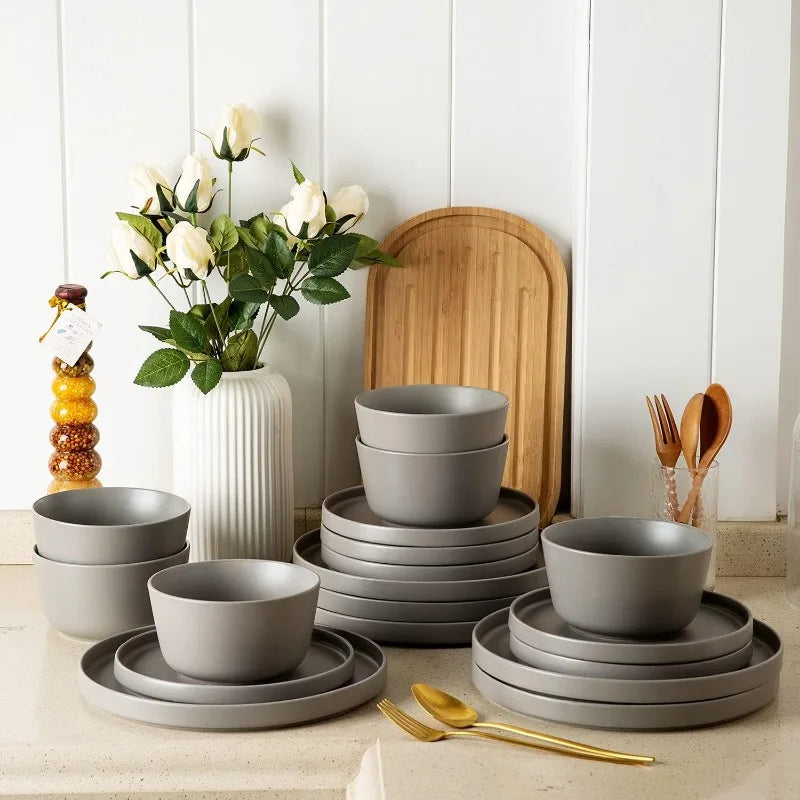 Modern Ceramic Dinnerware Sets: Flat Stoneware Plates and Bowls