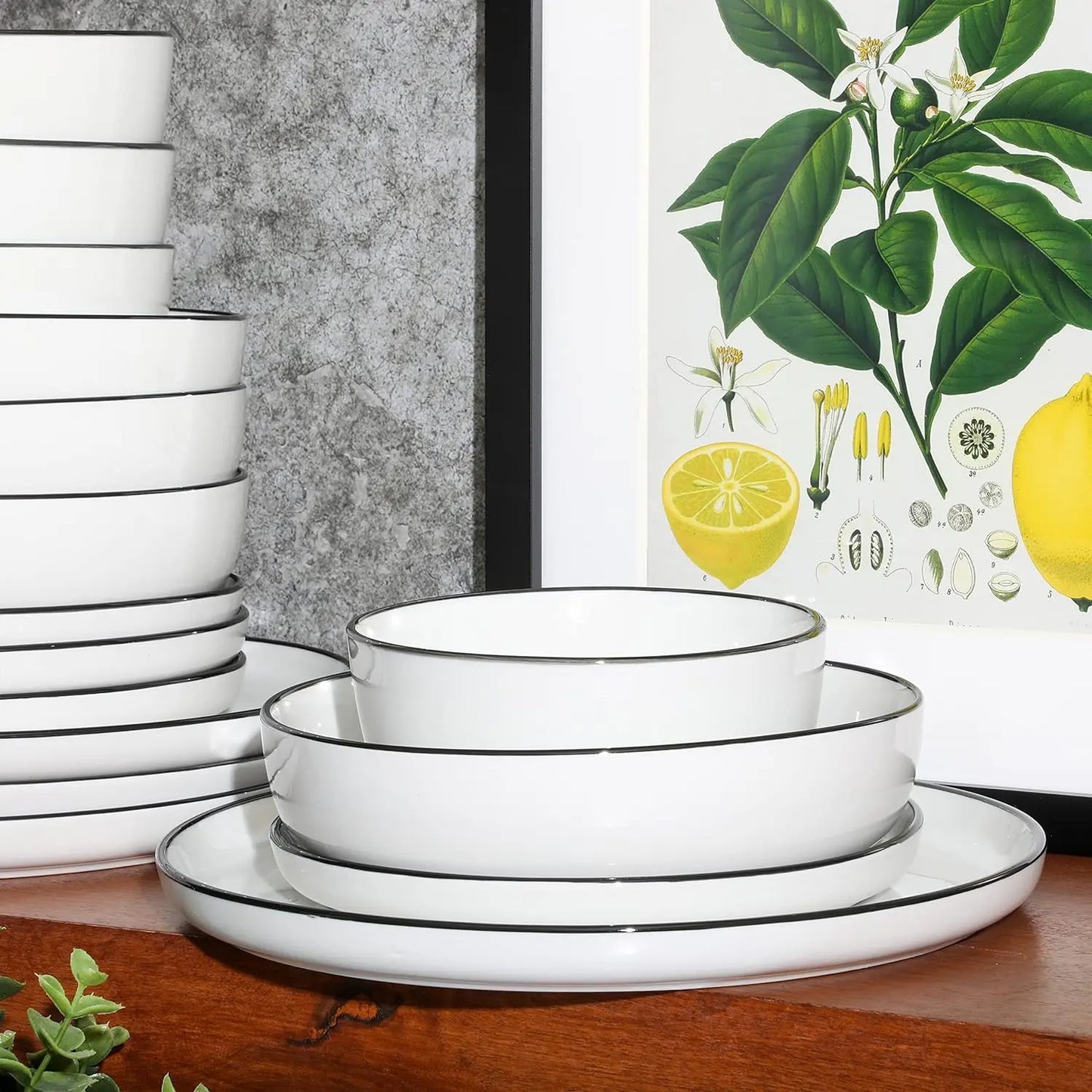 Oslo 16-Piece Porcelain Dinnerware Set, White w/ Black Rim - Service for 4