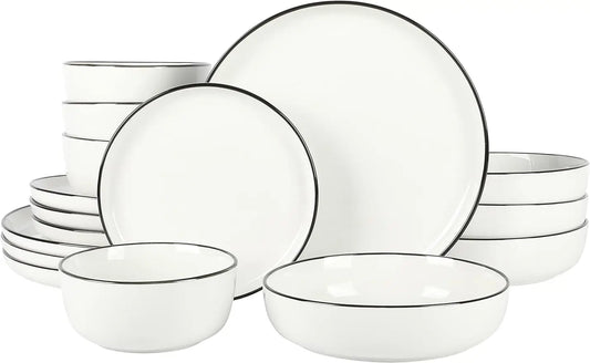 Oslo 16-Piece Porcelain Dinnerware Set, White w/ Black Rim - Service for 4