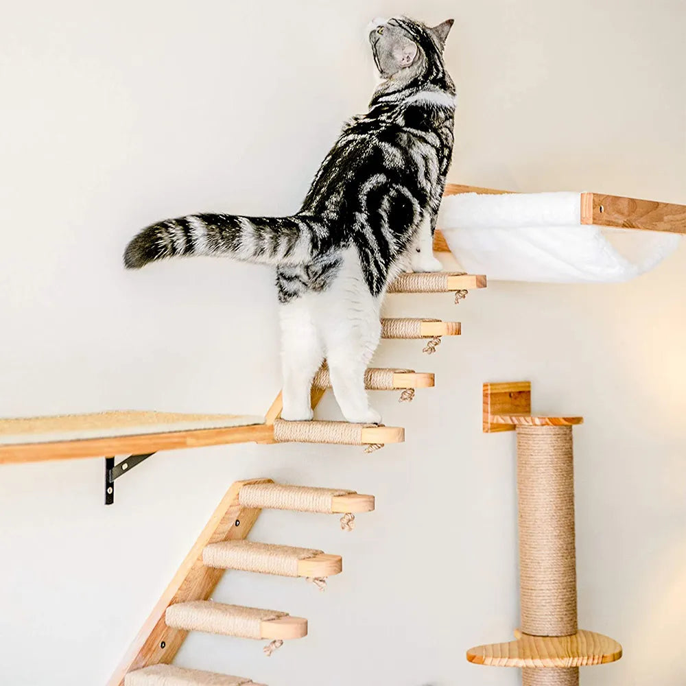 Wall-Mounted Cat Climbing Shelf with Sisal Post & Four-Step Stairway