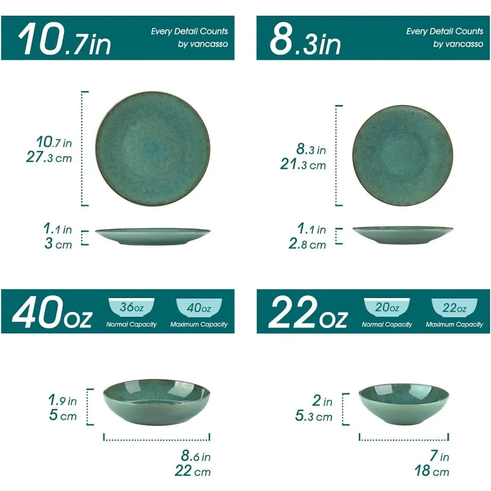 16-Piece Green Round Dinnerware Set - Microwave and Dishwasher Safe Plates and Bowls