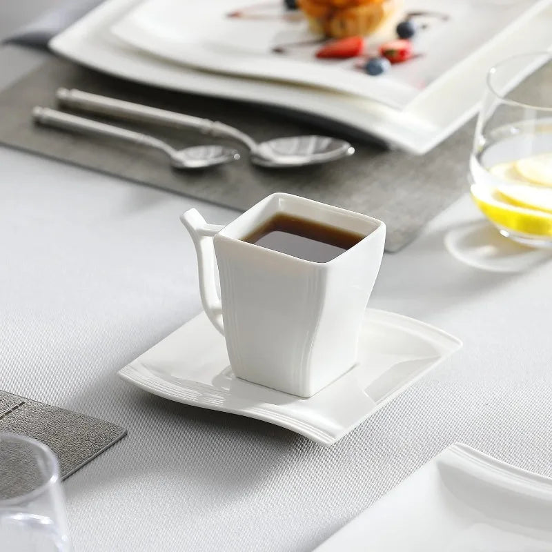 Square Porcelain Dinnerware Set with Plates, Bowls, Cups, Saucers