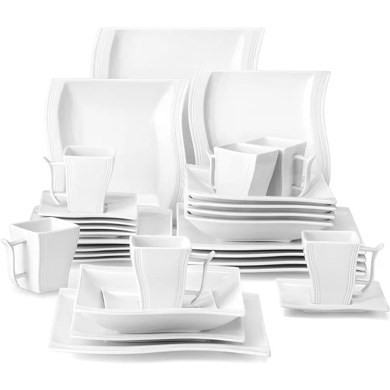 Square Porcelain Dinnerware Set with Plates, Bowls, Cups, Saucers