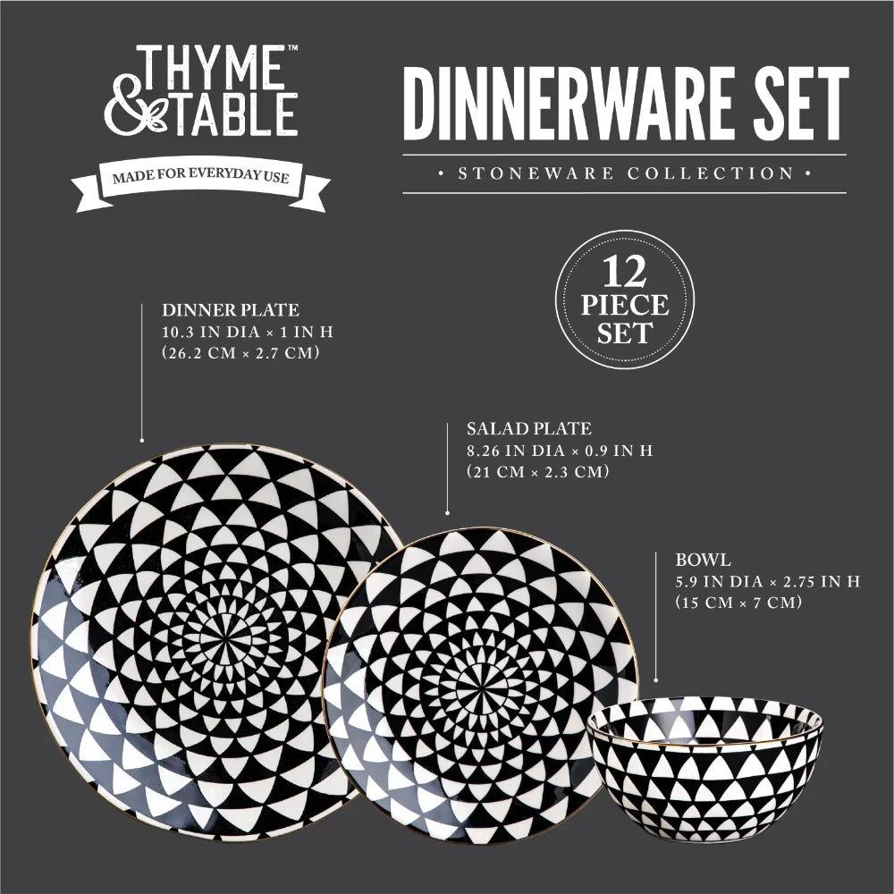 12-Piece Black & White Medallion Stoneware Dinnerware Set - Plates & Bowls