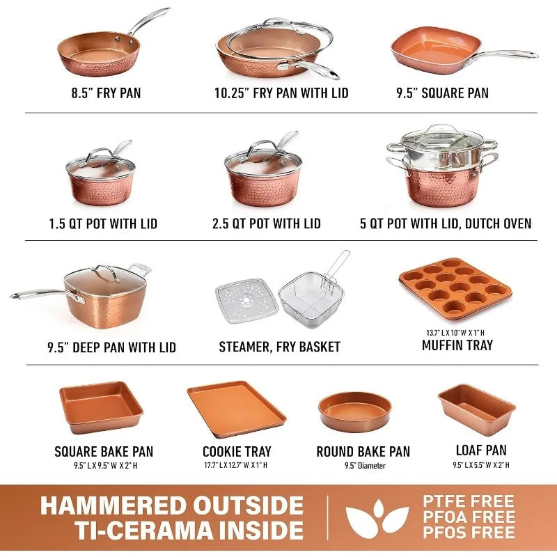 20-Piece Hammered Copper Cookware & Bakeware Set - Premium Nonstick Ceramic Kitchen Essentials