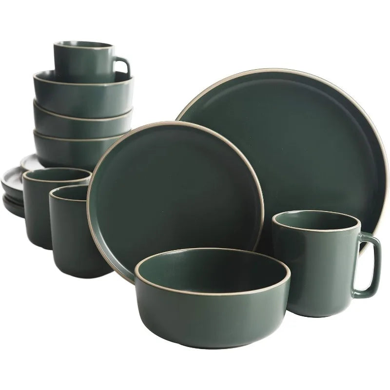 16-Piece Zuma Matte Stoneware Dinnerware Set - Green Round Plates, Bowls, Mugs for 4