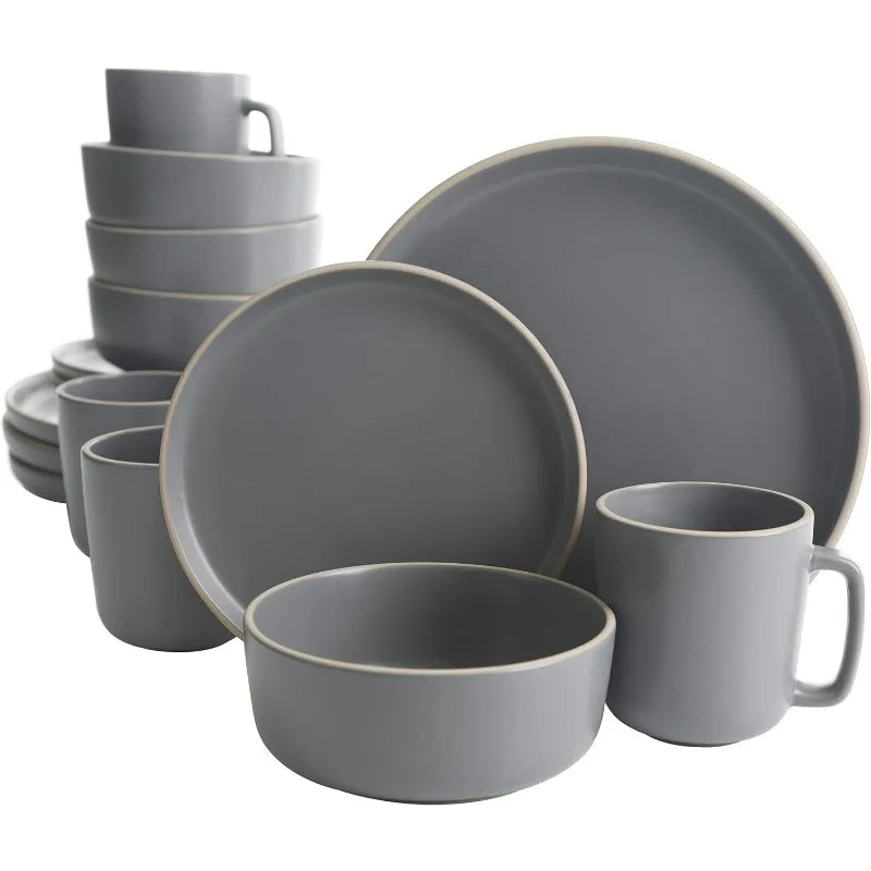 16-Piece Zuma Matte Stoneware Dinnerware Set - Green Round Plates, Bowls, Mugs for 4