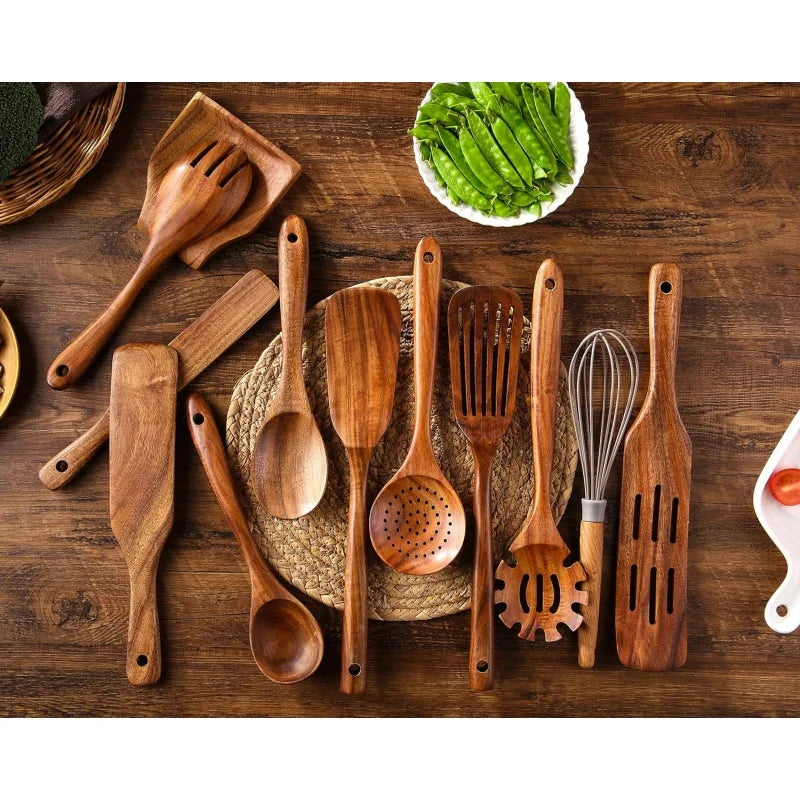 12-Piece Teak Wooden Kitchen Utensil Set- Non-stick & Eco-Friendly