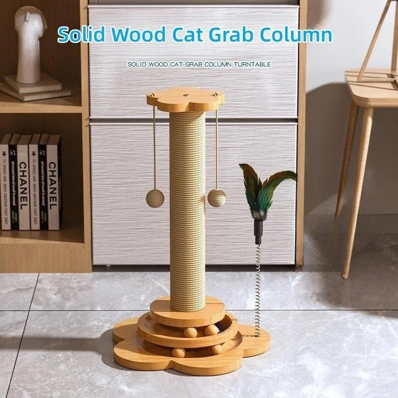 Solid Wood Cat Turntable Toy with Balls & Scratching Board