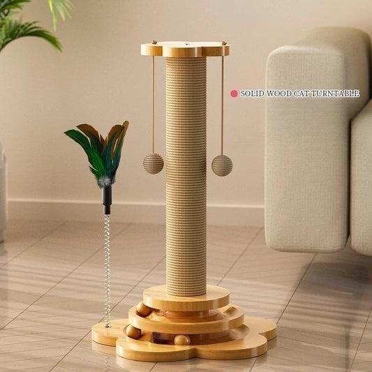 Solid Wood Cat Turntable Toy with Balls & Scratching Board