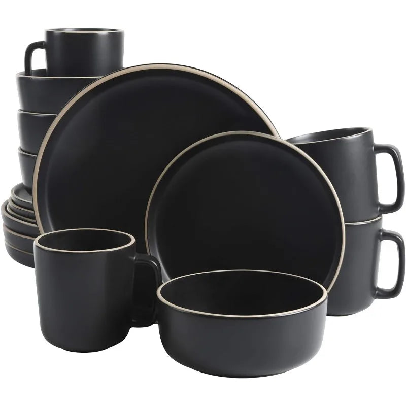 16-Piece Zuma Matte Stoneware Dinnerware Set - Green Round Plates, Bowls, Mugs for 4