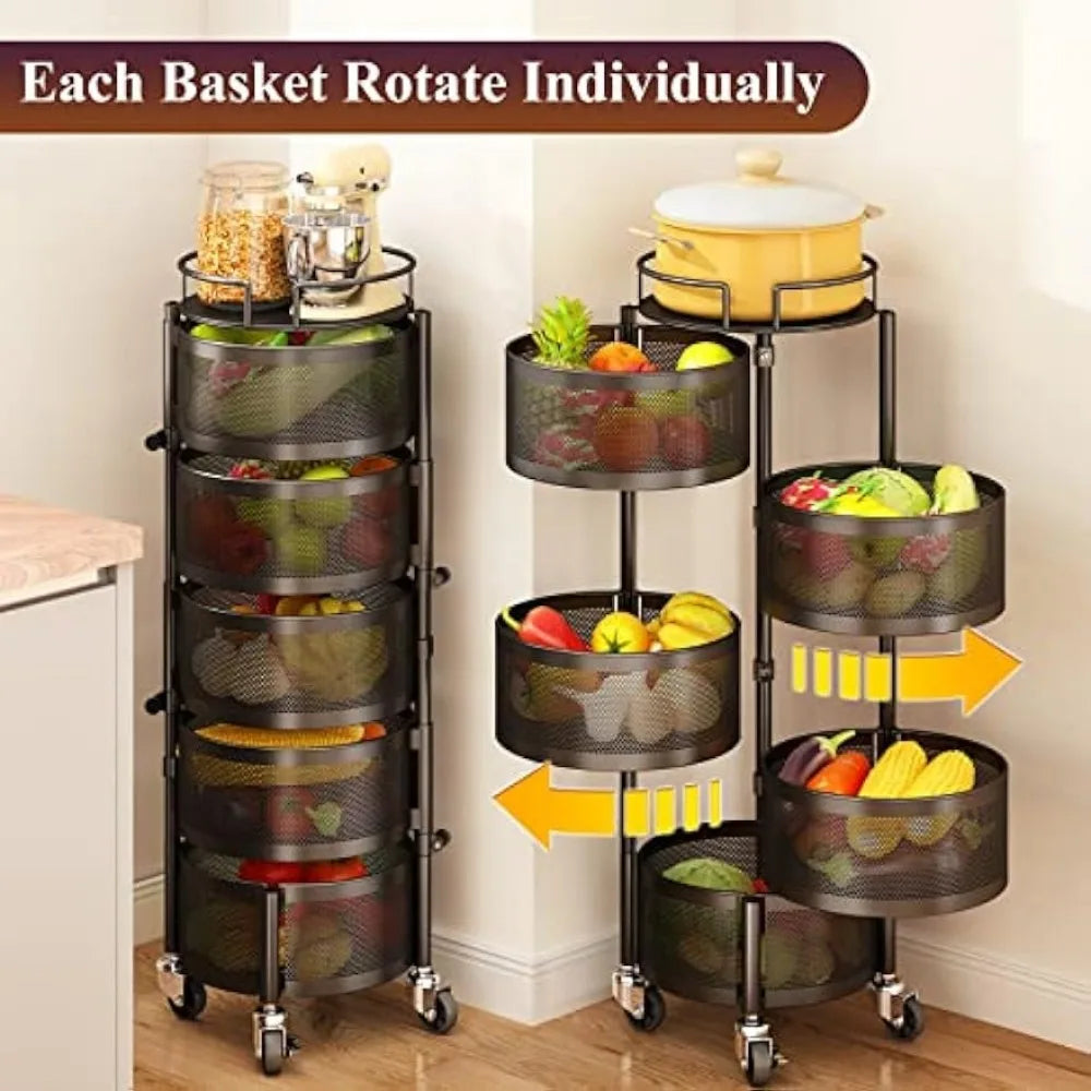 5-Tier Rotating Fruit & Vegetable Basket with Metal Lid - Kitchen Storage Cart