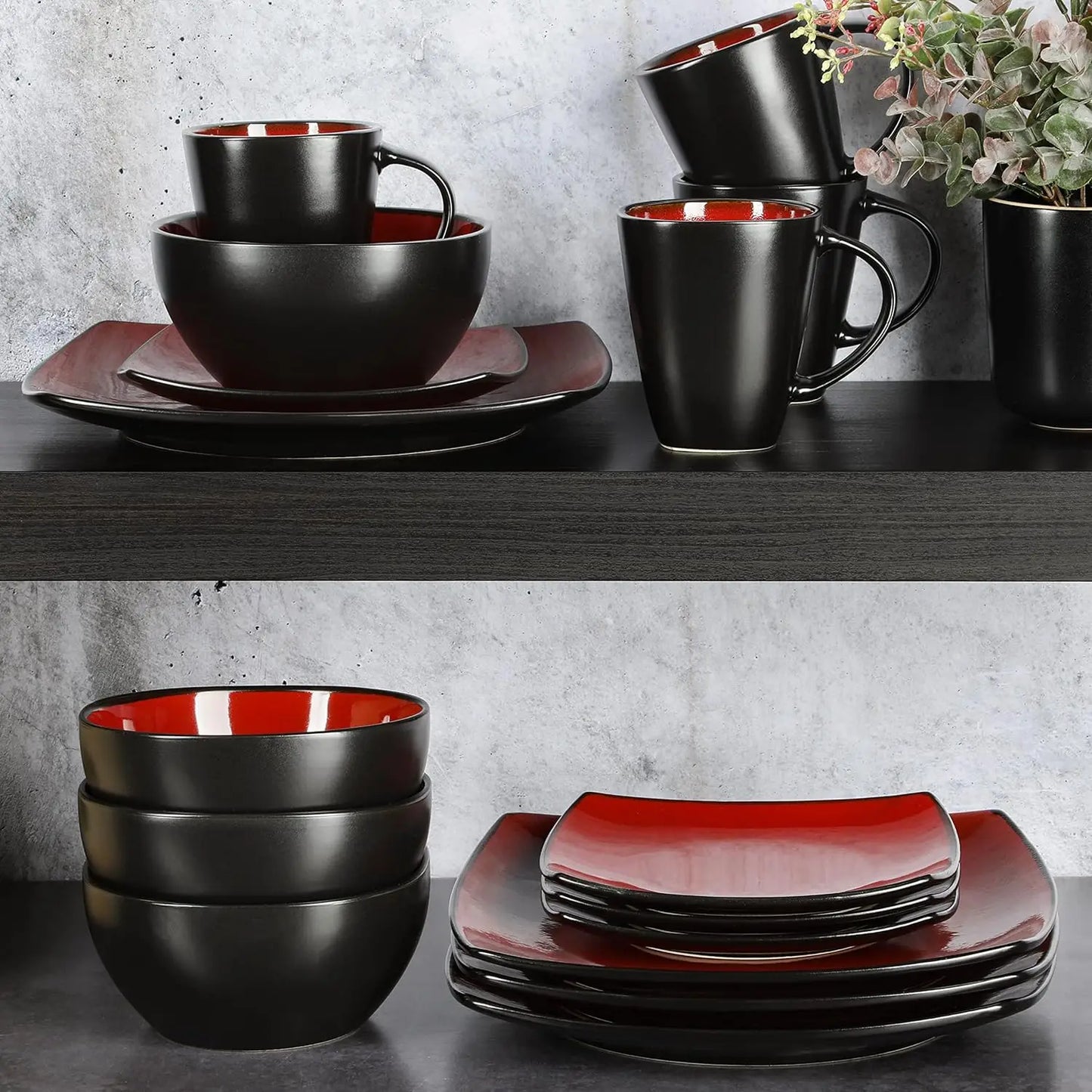 Soho Lounge 16-Piece Square Dinnerware Set in Red - Reactive Glaze Plates, Service for 4