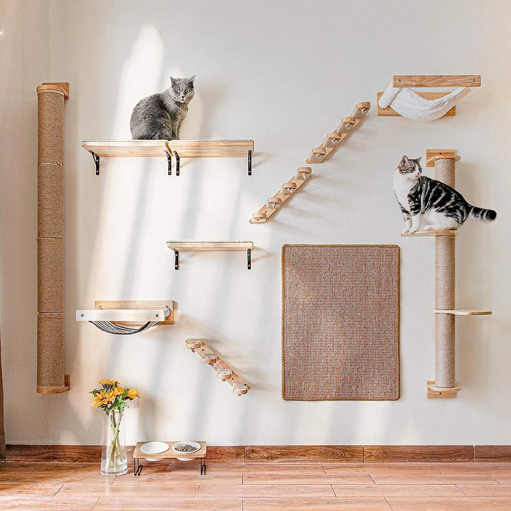 Wall-Mounted Cat Climbing Shelf with Sisal Post & Four-Step Stairway