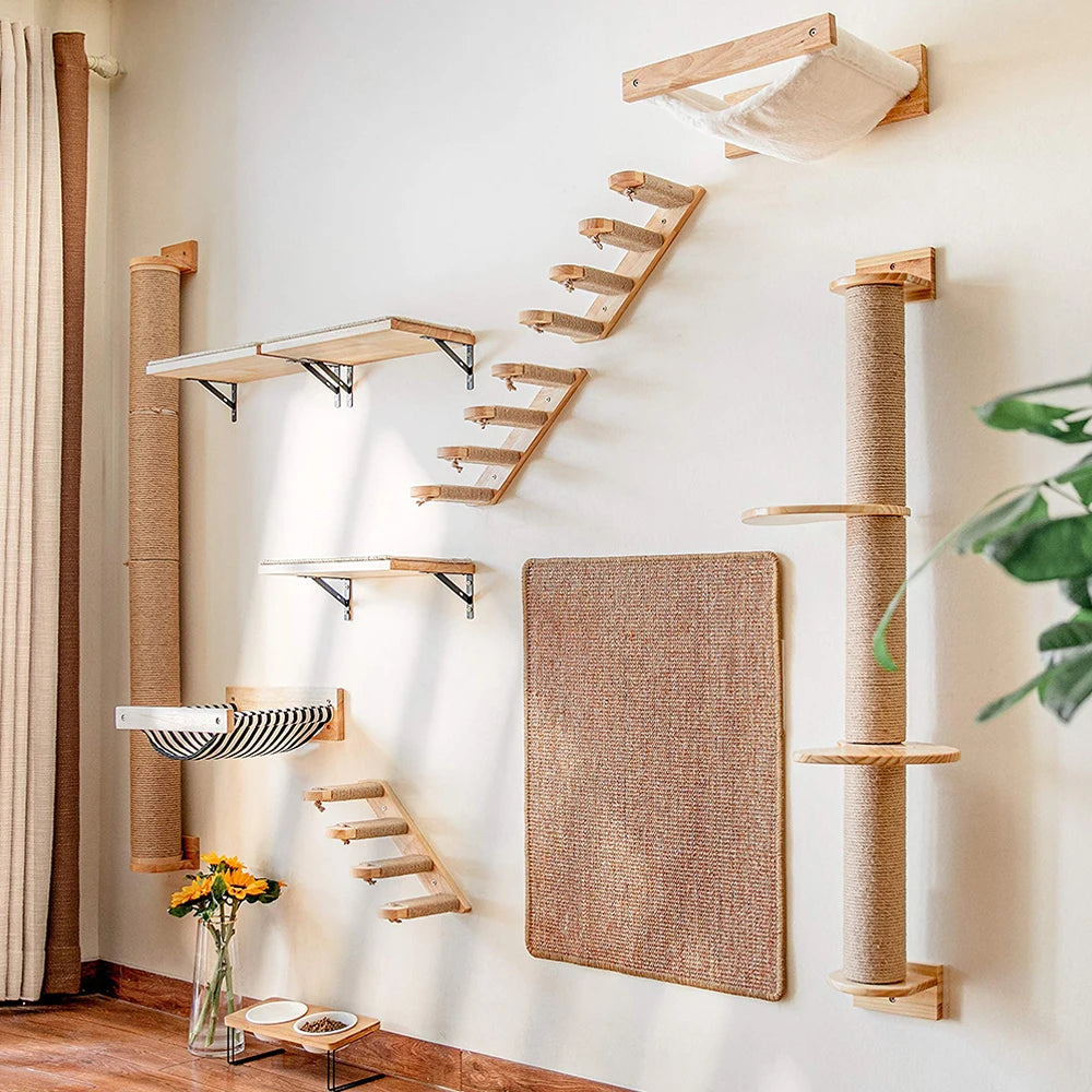 Wall-Mounted Cat Climbing Shelf with Sisal Post & Four-Step Stairway