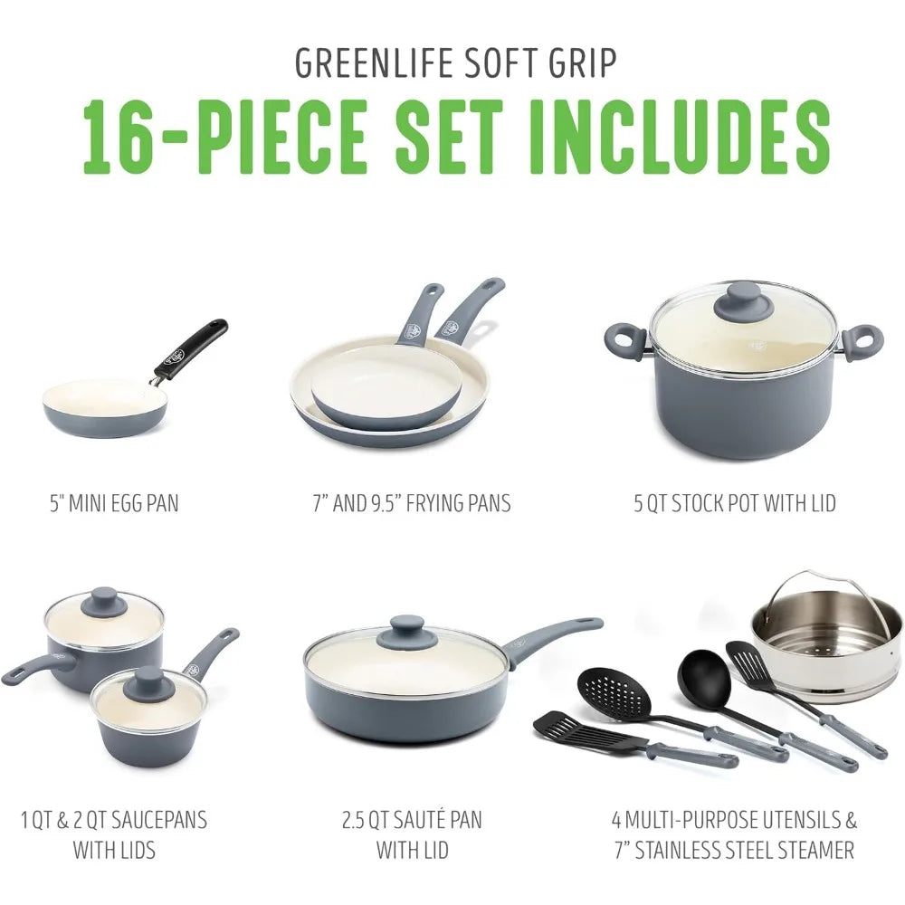 Soft Grip Healthy Ceramic Nonstick 16 Piece Kitchen Cookware