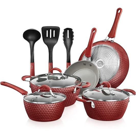 11-Pc Non-Stick Cookware Set - Diamond Pattern, Gray & Red Kitchenware